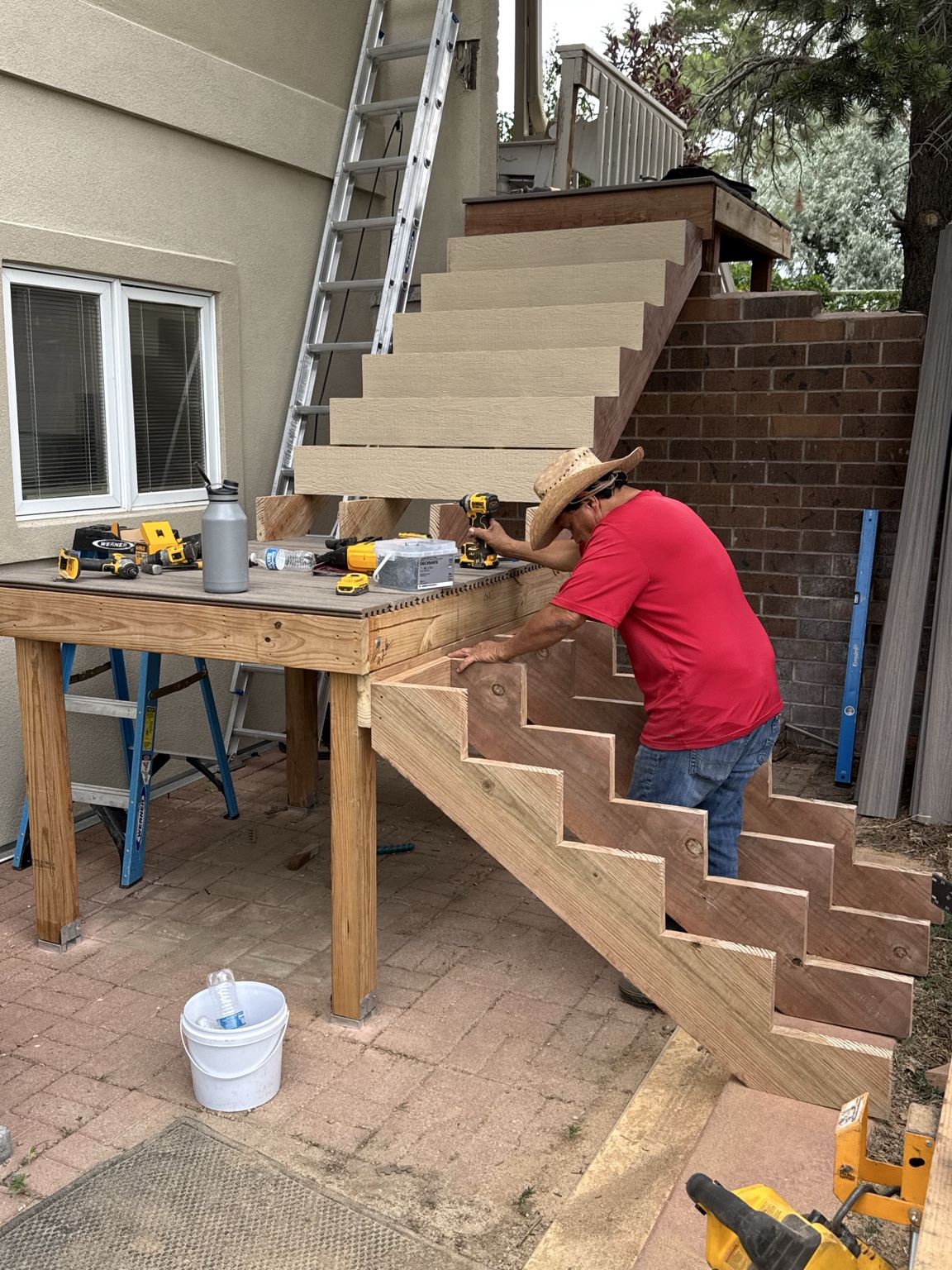 Custom deck stairs during construction